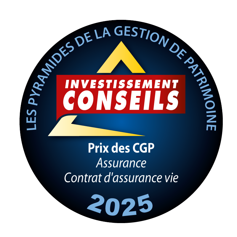 Logo récompense prix des CGP du meilleur contrat d’assurance vie aux Pyramides de la Gestion de Patrimoine 2025