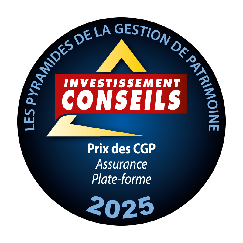 Logo récompense meilleure plateforme d’assurance vie aux Pyramides de la Gestion de Patrimoine 2025