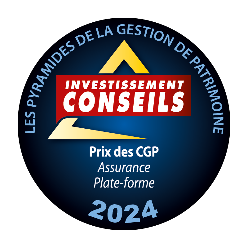 Logo récompense meilleure plateforme assurance aux Pyramides de la Gestion de Patrimoine 2024