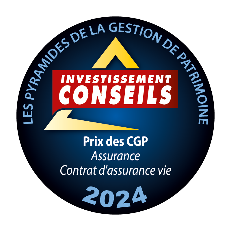 Logo récompense meilleur contrat d’assurance vie aux Pyramides de la Gestion de Patrimoine 2024